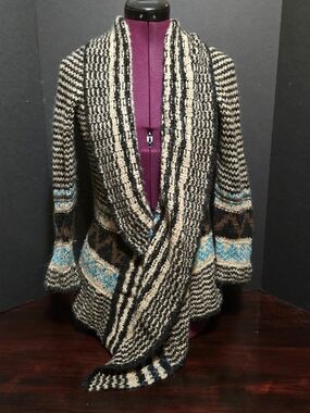 Pink Republic Shawl Collar Knit Cardigan in Black, Cream & Turquoise Accents Sm
